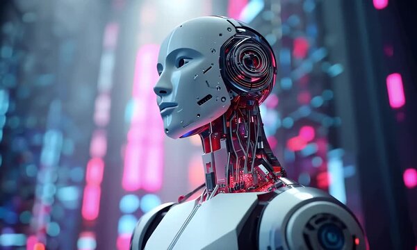 
A futuristic robot with glowing eyes stands in front of an array of digital screens displaying colorful data and code, symbolizing the advanced technology