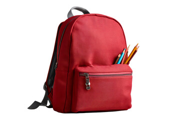 Red backpack with supplies, transparent BG