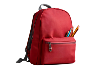 Red backpack with supplies, transparent BG