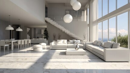 Obraz premium Modern living room with white furniture, large windows, natural light, marble floor, minimalist design.