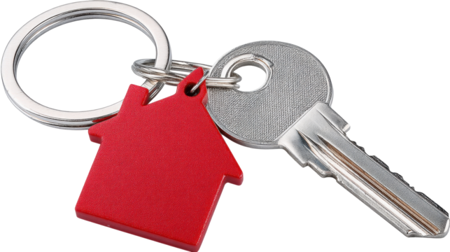 House key with red house shaped keychain isolated on transparent background