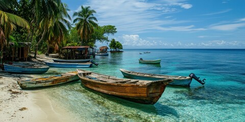 Obraz premium landscape, asia, nature, tropical island setting where boat makers prepare wooden vessels for fishing