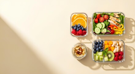 Top view of healthy meal prep containers with fresh chicken salad, mixed fruit, and oats. A concept for a balanced diet and weekly food planning.