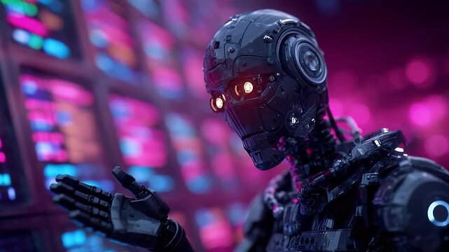 
A futuristic robot with glowing eyes stands in front of an array of digital screens displaying colorful data and code, symbolizing the advanced technology