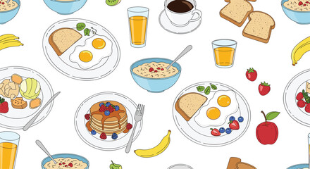 Delicious breakfast foods featuring eggs toast pancakes oatmeal fruit juice and coffee for a healthy start to your day