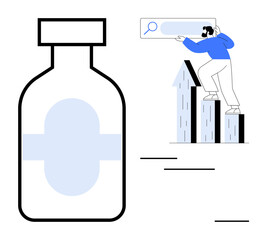 Medicine bottle beside individual using search tools and standing on growth bars. Ideal for healthcare, research, development, innovation, success, medical technology, simple flat metaphor