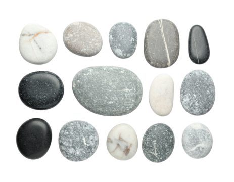 A collection of various smooth, flat meditation stones or pebbles, organized in a grid, isolated on a white background.