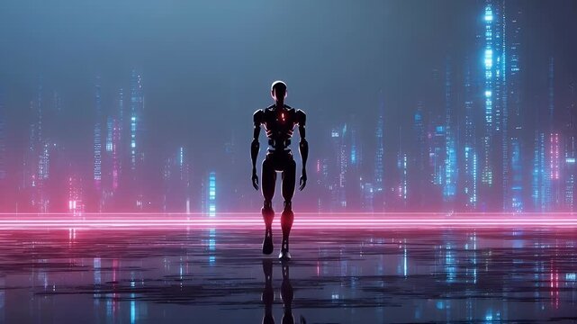 
A futuristic robot with glowing eyes stands in front of an array of digital screens displaying colorful data and code, symbolizing the advanced technology
