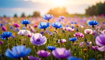 Colorful flower field at sunset