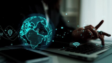 A business professional engages with a laptop, surrounded by digital symbols representing global connectivity, showcasing the intersection of technology and modern workflows. Xenic - Powered by Adobe