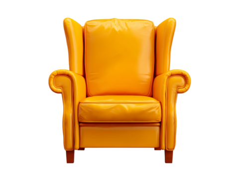 Bright yellow leather wingback armchair isolated on black, Isolated On White Background, Png Transparent