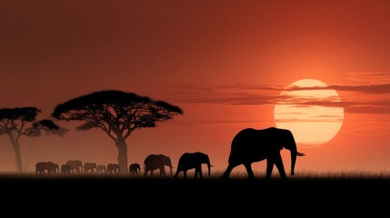 Fototapeta premium Silhouette elephants sunset savanna