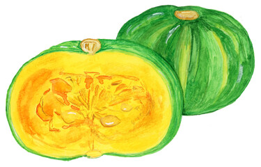 手描き水彩のカットかぼちゃのイラスト, Hand-painted Cut Pumpkin Illustration