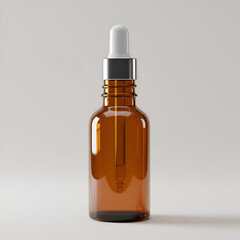 Realistic Photo of Amber Glass Bottle with Dropper Isolated on White Background