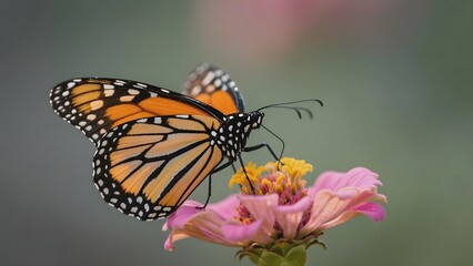 Fototapeta premium A Monarch Butterfly Perched on a Pink Zinnia Flower