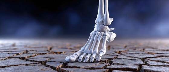 skeleton skeleton foot 3d render concept. A skeletal foot stepping on cracked earth, symbolizing decay and desolation.