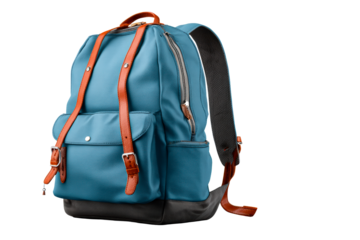 Stylish blue backpack with brown accents
