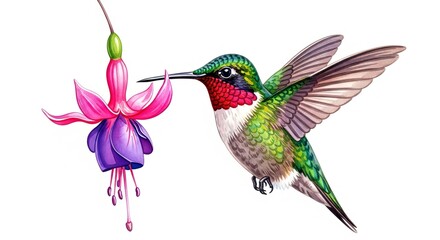 Obraz premium Colorful Hummingbird Approaching Vibrant Flower in Nature Setting
