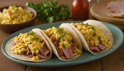 ham and egg breakfast tacos on a plate