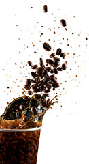 Realistic Photo of Coffee Beans Splashing into A Drink Cup on Isolated Black Background