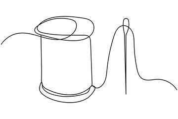 Needle and thread continuous one line drawing in minimalist style isolated vector illustration
