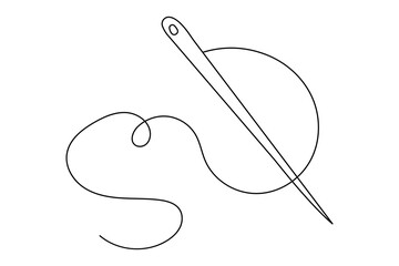 Needle and thread continuous one line drawing in minimalist style isolated vector illustration
