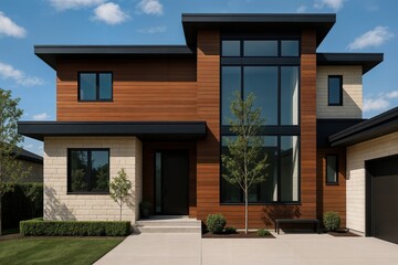 Fototapeta premium Modern two story house with flat roof. Contemporary residential architecture and real estate .