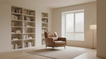 Modern living room with a leather armchair, bookshelves, and large window