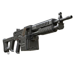 Realistic 3D Illustration of a Black Metallic Machine Gun Isolated on Transparent Background
