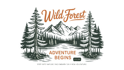 Obraz premium Vintage Wild Forest Adventure Begins Typography with Lake and Mountains nature