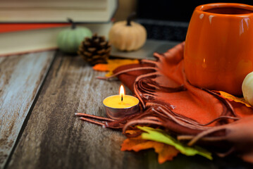 Enjoy a Cozy Autumn Ambiance with a warm Candle and charming Fall Decor to enhance your space