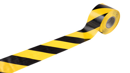 Black and yellow striped caution tape on a transparent background. The tape is rolled and isolated, commonly used for safety and warning purposes.
