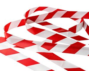 Obraz premium Red and white striped caution tape on a transparent background. The tape is coiled and isolated, commonly used for safety and warning purposes.