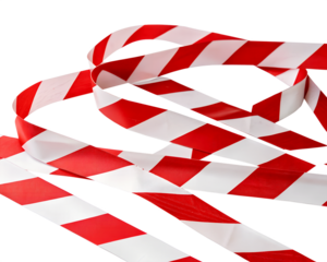 Red and white striped caution tape on a transparent background. The tape is coiled and isolated, commonly used for safety and warning purposes.