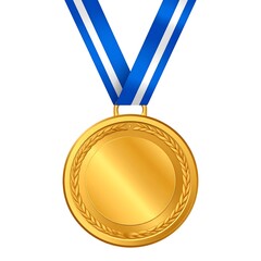 Gold medal with blue and white ribbon, blank surface
