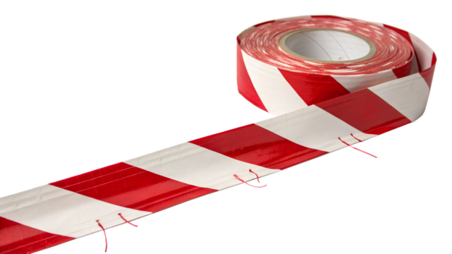 Red and white striped caution tape on a transparent background. The tape is rolled up, showcasing its distinctive pattern for safety and warning purposes. - Powered by Adobe