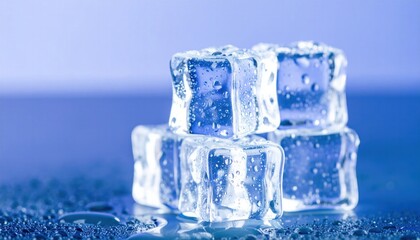 Clear Ice Cubes Stacked on a Surface with Water Droplets and Blue Lighting