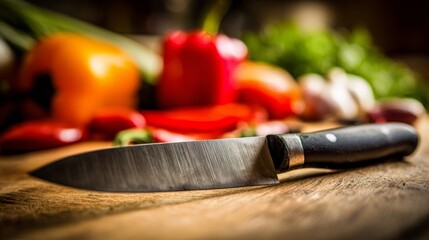Sharp kitchen knife on wooden cutting board with vegetables, symbolizing danger and tension in culinary or suspenseful context. Focus on precision and risk in food preparation or dramatic scenarios.