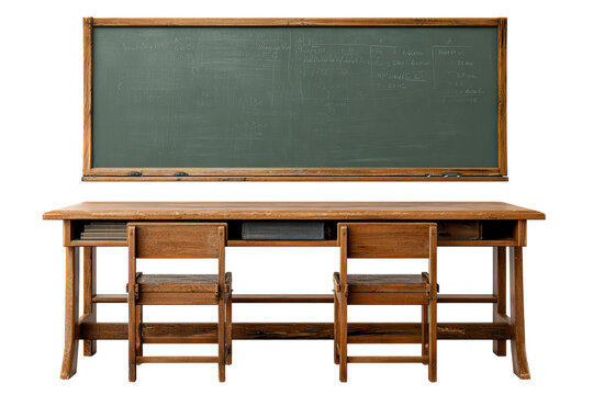 Vintage classroom desk and chalkboard setup