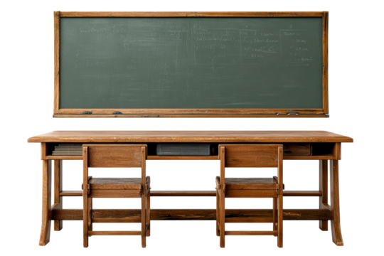 Vintage classroom desk and chalkboard setup