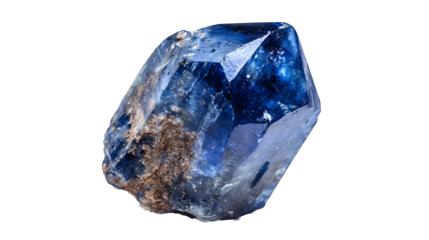 Raw Sapphire crystal, rough blue corundum, natural hexagonal barrel shape, isolated on Transparent background