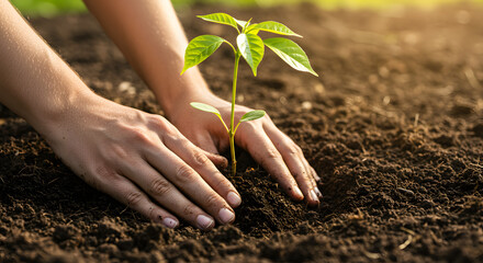 Fototapeta premium Hands nurturing a young seedling in rich soil embodying growth and sustainability