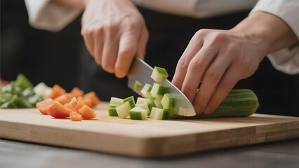 Chef slicing cucumber on a wooden cutting board with other vegetables nearby