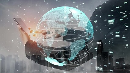 A businessman interacts with a smartphone amidst a digital globe and financial data, illustrating the fusion of technology and global business communication. Xenic - Powered by Adobe