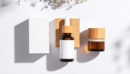 Elegant Skincare Products Displayed on a Clean Surface with White Background and Natural Elements