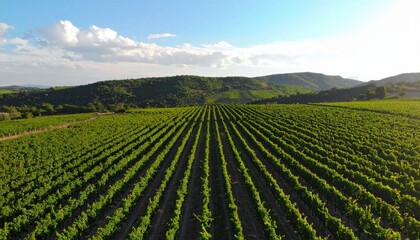Expansive Vineyard Landscape with Lush Green Rows Under Bright Blue Sky