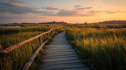At sunset, a wooden walkway winds through tall grasses, offering an adventurous and scenic journey across the marshland landscape
