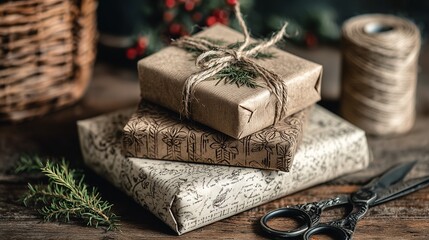A stack of gifts wrapped in brown paper and twine with intricate patterns are piled up. An old pair of scissors with a black handle and silver blade and a piece of greenery are scattered nearby, all s