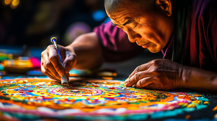 A close-up scene at the Kalachakra Festival shows a Tibetan monk meticulously placing colored grains onto a massive sand mandala.
