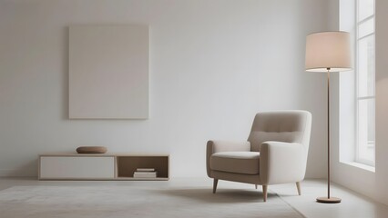 Minimalist Living Room with Armchair, Floor Lamp, and Low Cabinet